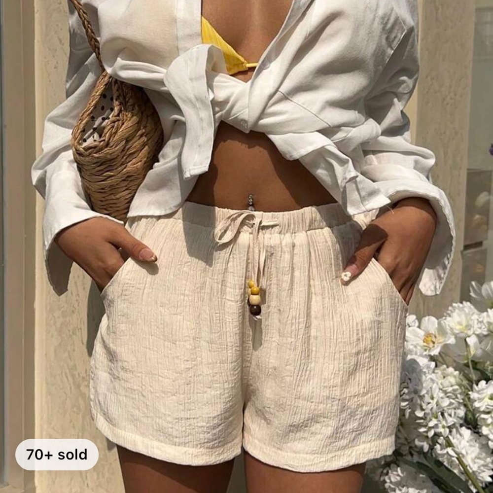 New Cream Drawstring Casual Linen-Blend Shorts~